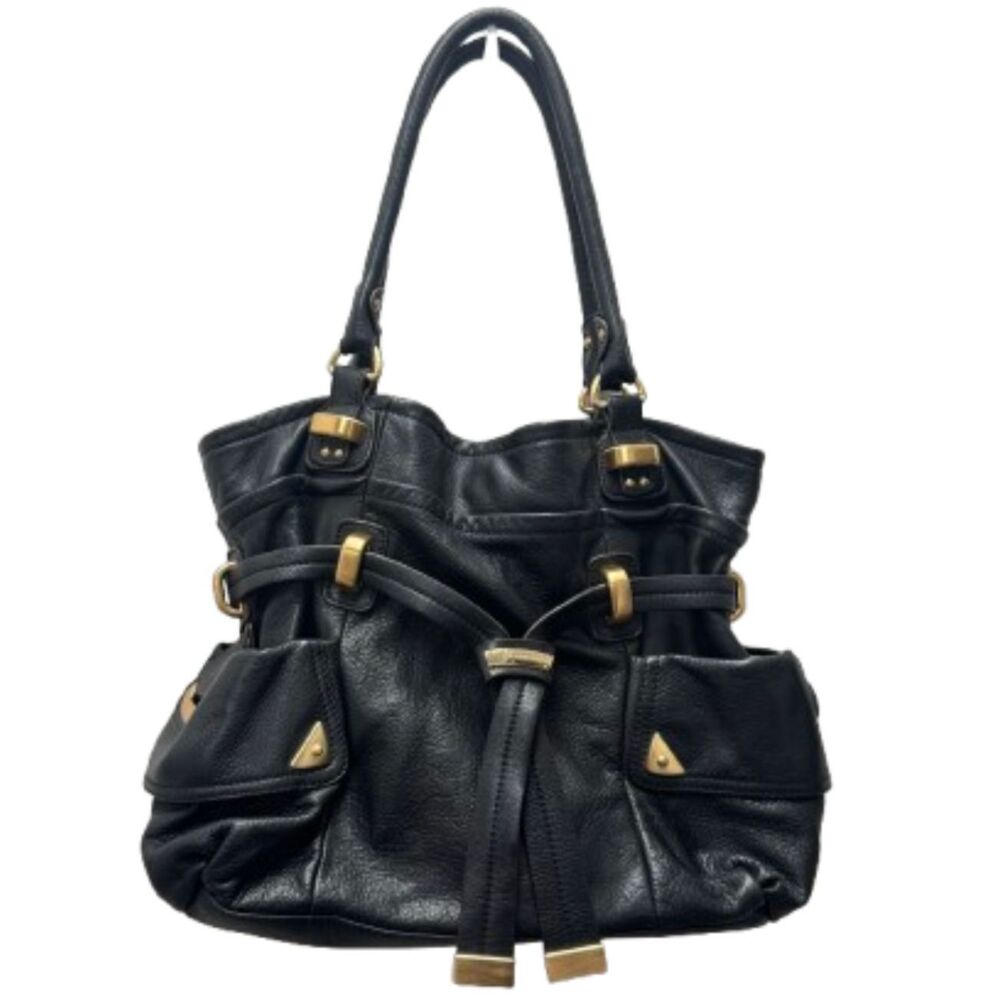 Vintage B. Makowsky Soft Black Pebbled Leather Cinch Shoulder Tote Bag Purse Y2K